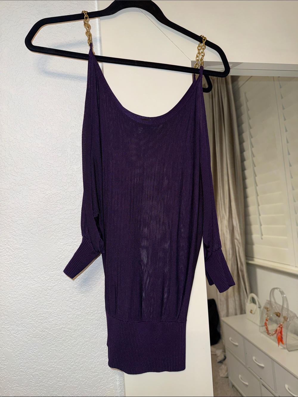 bebe Deep Purple Off-Shoulder Chain-Strap Knit Sweater